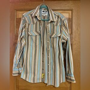 Women’s Vintage Striped Button Down Shirt - Brown and Blue